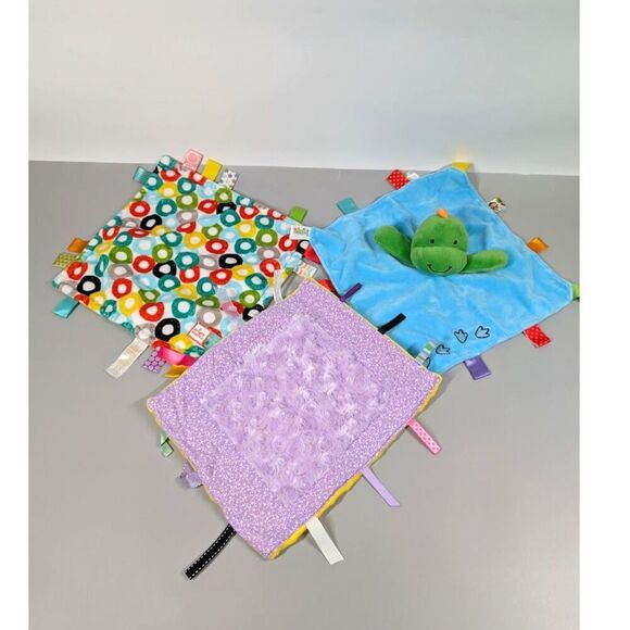 3 Lovey Security Blanket Dinosaur Taggies Bright Starts Rattle Baby Sensory Tag - Picture 1 of 12